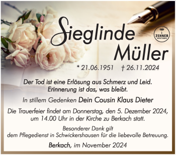 Traueranzeige von Sieglinde Müller von Südthüringer Presse