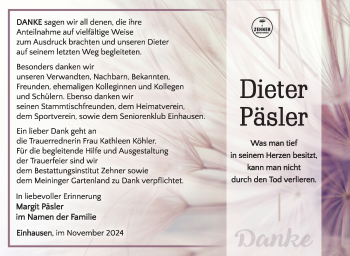 Traueranzeige von Dieter Päsler von Südthüringer Presse