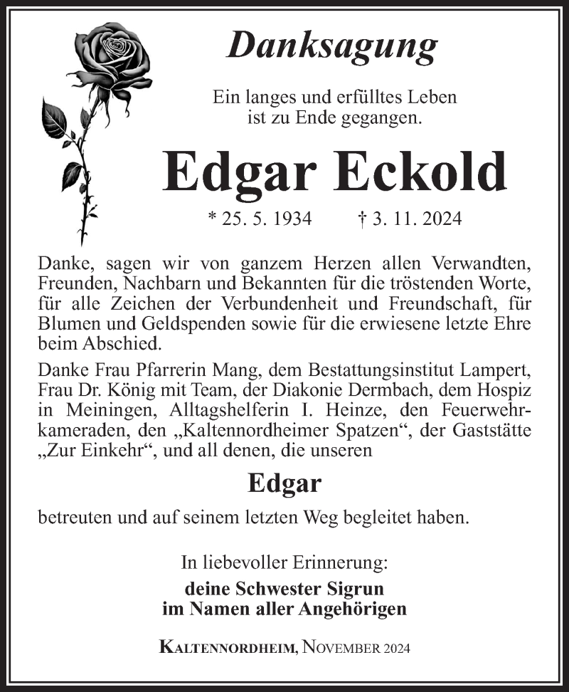  Traueranzeige für Edgar Eckold vom 27.11.2024 aus Südthüringer Presse