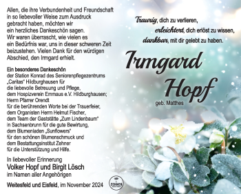 Traueranzeige von Irmgard Hopf von Südthüringer Presse