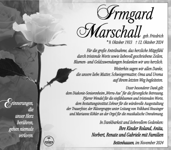 Traueranzeige von Irmgard Marschall von Südthüringer Presse