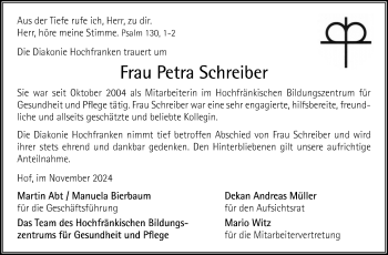 Traueranzeige von Petra Schreiber von Frankenpost