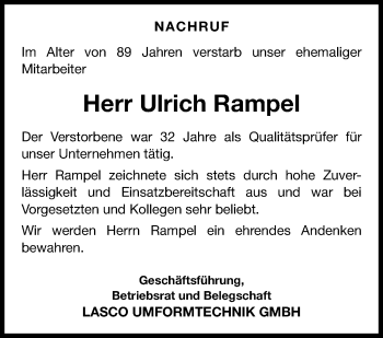 Traueranzeige von Ulrich Rampel von Neue Presse Coburg