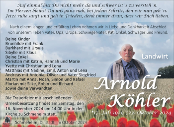 Traueranzeige von Arnold Köhler von Südthüringer Presse