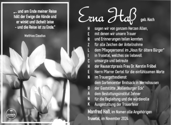 Traueranzeige von Erna Haß von Südthüringer Presse