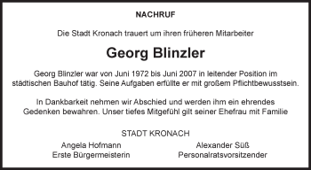 Traueranzeige von Georg Blinzler von Neue Presse Coburg