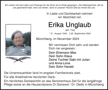 Traueranzeige von Erika Unglaub von Frankenpost