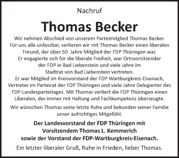 Traueranzeige von Thomas Becker von Südthüringer Presse