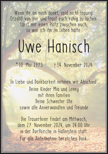 Traueranzeige von Uwe Hanisch von Frankenpost
