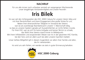 Traueranzeige von Iris Bilek von Neue Presse Coburg
