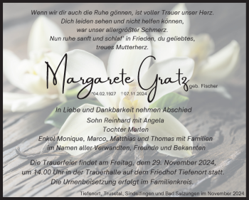 Traueranzeige von Margarete Gratz von Südthüringer Presse