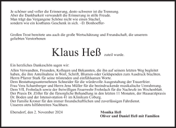 Traueranzeige von Klaus Heß von Neue Presse Coburg