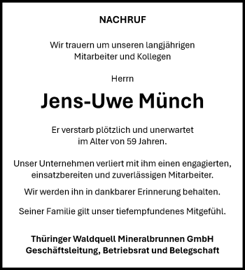Traueranzeige von Jens-Uwe Münch von Südthüringer Presse