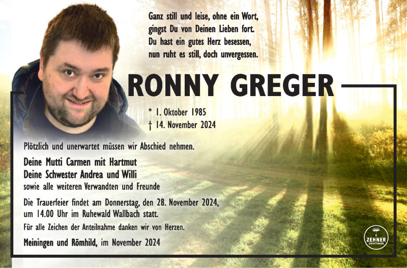  Traueranzeige für Ronny Greger vom 22.11.2024 aus Südthüringer Presse