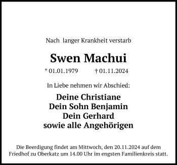 Traueranzeige von Swen Machui von Südthüringer Presse