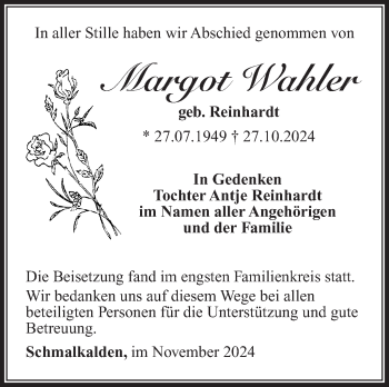 Traueranzeige von Margot Wahler von Südthüringer Presse
