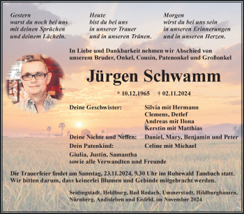 Traueranzeige von Jürgen Schwamm von Südthüringer Presse