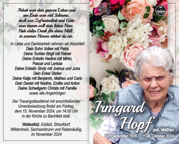 Traueranzeige von Irmgard Hopf von Südthüringer Presse