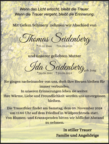 Traueranzeige von IdaThomas SeidenbergSeidenberg von Südthüringer Presse