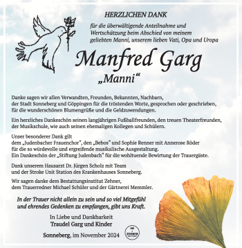 Traueranzeige von Manfred Garg von Südthüringer Presse