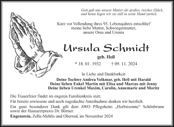 Traueranzeige von Ursula Schmidt von Südthüringer Presse