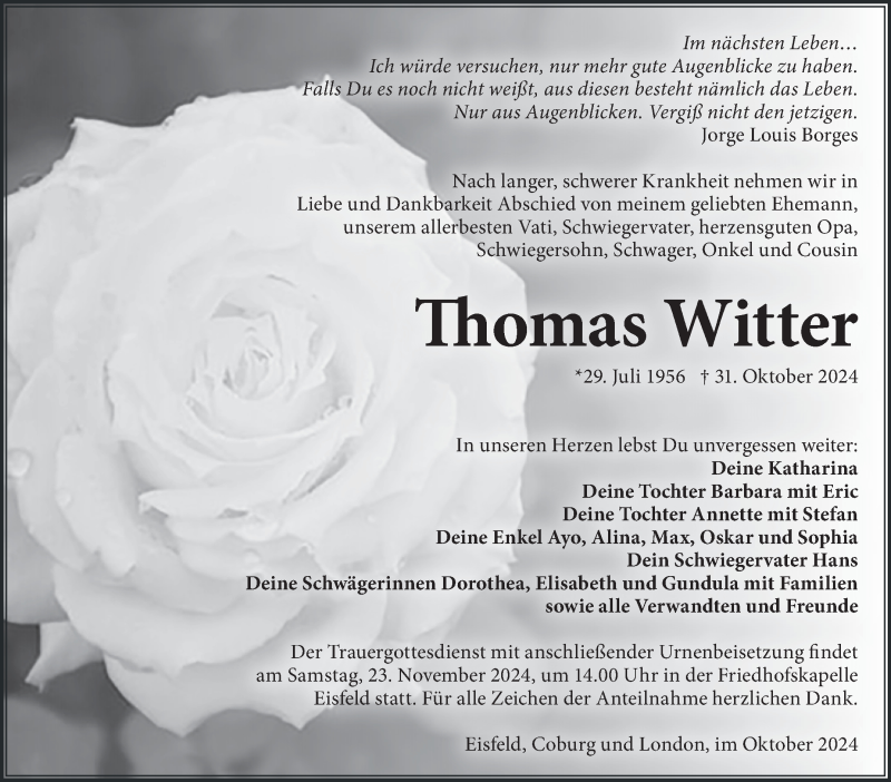  Traueranzeige für Thomas Witter vom 16.11.2024 aus Südthüringer Presse