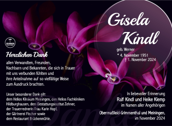 Traueranzeige von Gisela Kindl von Südthüringer Presse