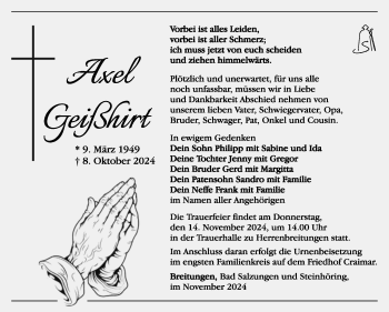 Traueranzeige von Axel Geißhirt von Südthüringer Presse