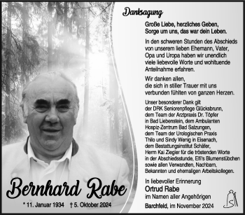 Traueranzeige von Bernhard Rabe von Südthüringer Presse