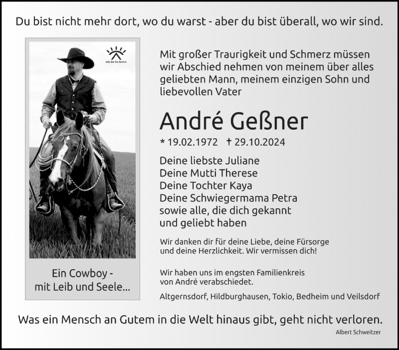  Traueranzeige für André Geßner vom 09.11.2024 aus Südthüringer Presse