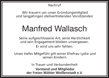 Traueranzeige von Manfred Wallasch von Frankenpost