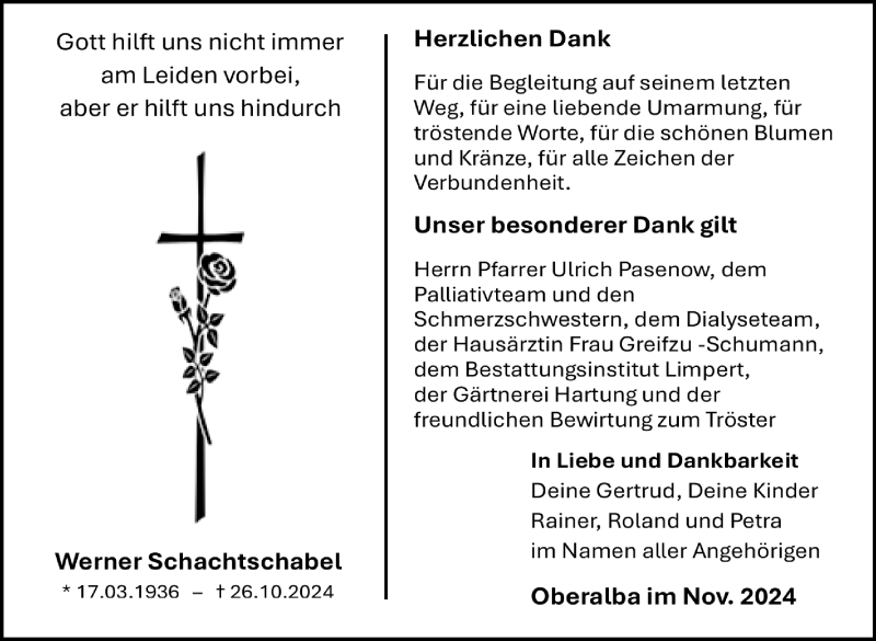  Traueranzeige für Werner Schachtschabel vom 23.11.2024 aus Südthüringer Presse
