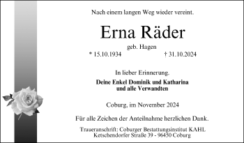 Traueranzeige von Erna Räder von Neue Presse Coburg