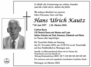 Traueranzeige von Hans-Ulrich Kautz von Südthüringer Presse