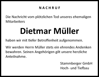 Traueranzeige von Dietmar Müller von Neue Presse Coburg