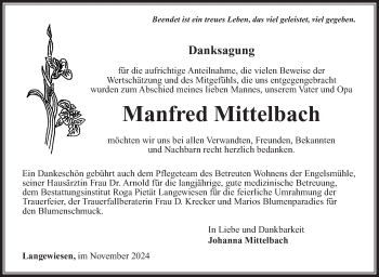 Traueranzeige von Manfred Mittelbach von Südthüringer Presse