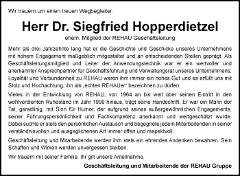 Traueranzeige von Siegfried Hopperdietzel von Frankenpost