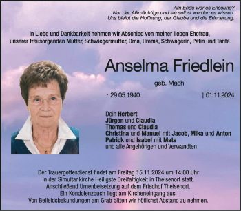 Traueranzeige von Anselma Friedlein von Neue Presse Coburg