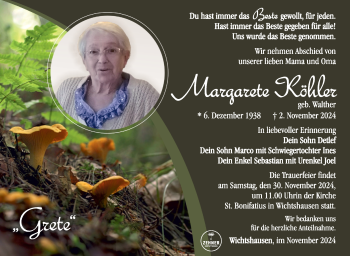 Traueranzeige von Margarete Köhler von Südthüringer Presse