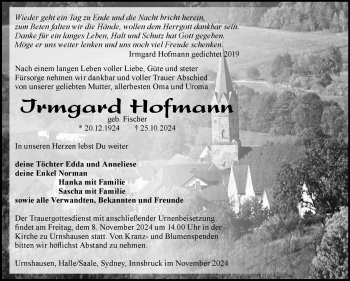 Traueranzeige von Irmgard Hofmann von Südthüringer Presse