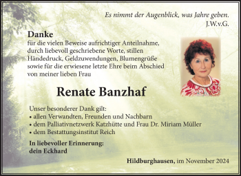 Traueranzeige von Renate Banzhaf von Südthüringer Presse