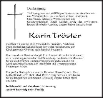 Traueranzeige von Karin Tröster von Südthüringer Presse