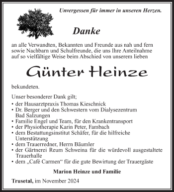 Traueranzeige von Günter Heinze von Südthüringer Presse