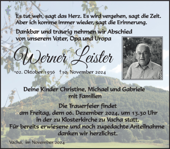 Traueranzeige von Werner Leister von Südthüringer Presse