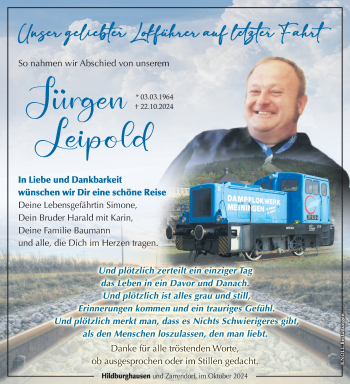 Traueranzeige von Jürgen Leipold von Südthüringer Presse