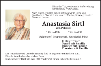 Traueranzeige von Anastasia Sirtl von Frankenpost
