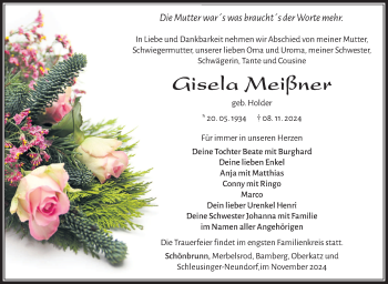 Traueranzeige von Gisela Meißnder von Südthüringer Presse