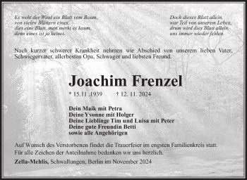 Traueranzeige von Joachim Frenzel von Südthüringer Presse