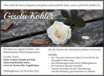 Traueranzeige von Gisela Köhler von Südthüringer Presse