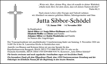 Traueranzeige von Jutta Sibbor-Schödel von Neue Presse Coburg
